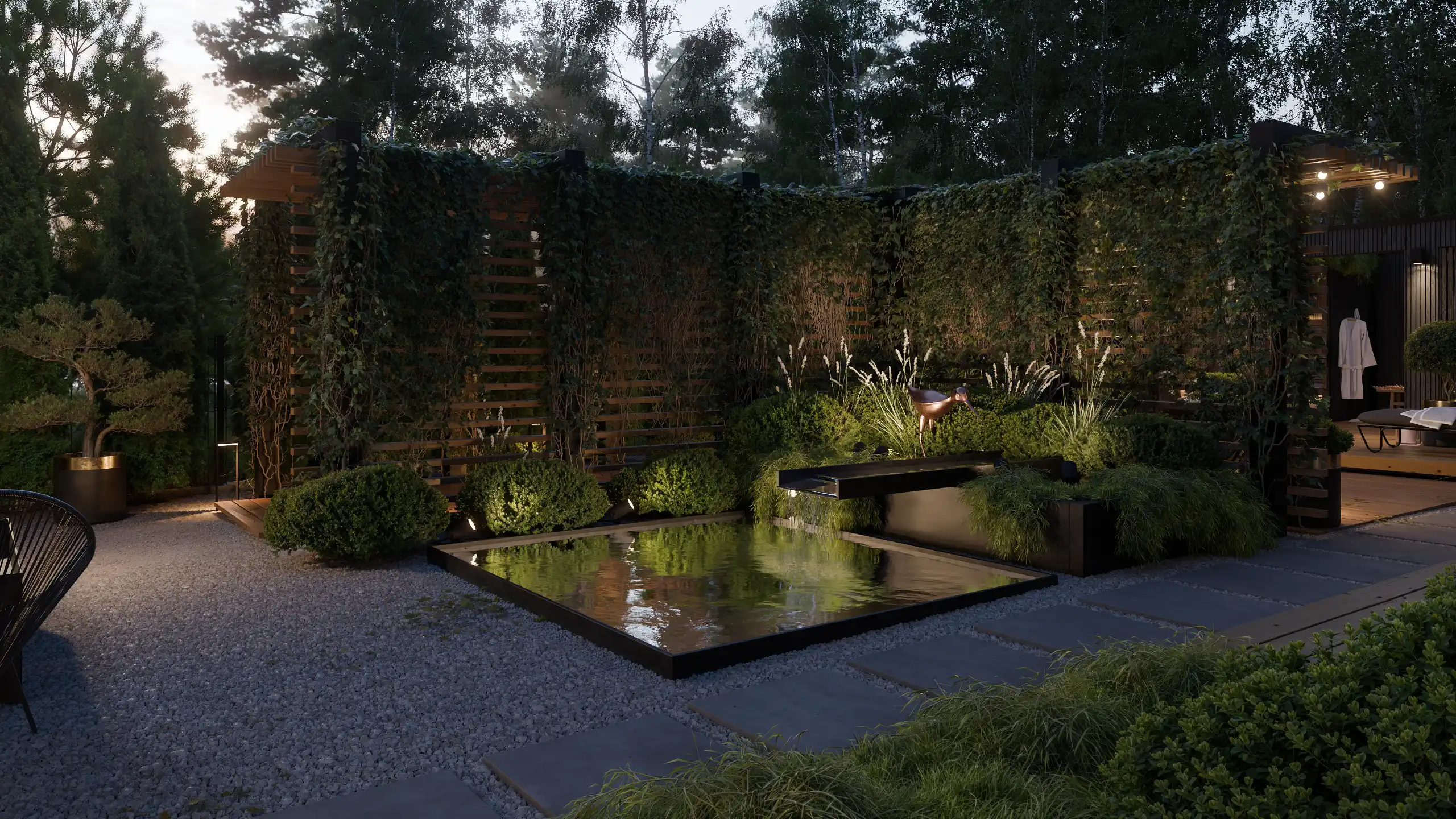 Nowoczesne lustro wody z fontanną kaskadową wieczorem. Projekt strefy wellness spa w ogrodzie, aluminiowa pergola porośnięta bluszczem, podświetlane rośliny i wejście do sauny – NAIMAD STUDIO.
