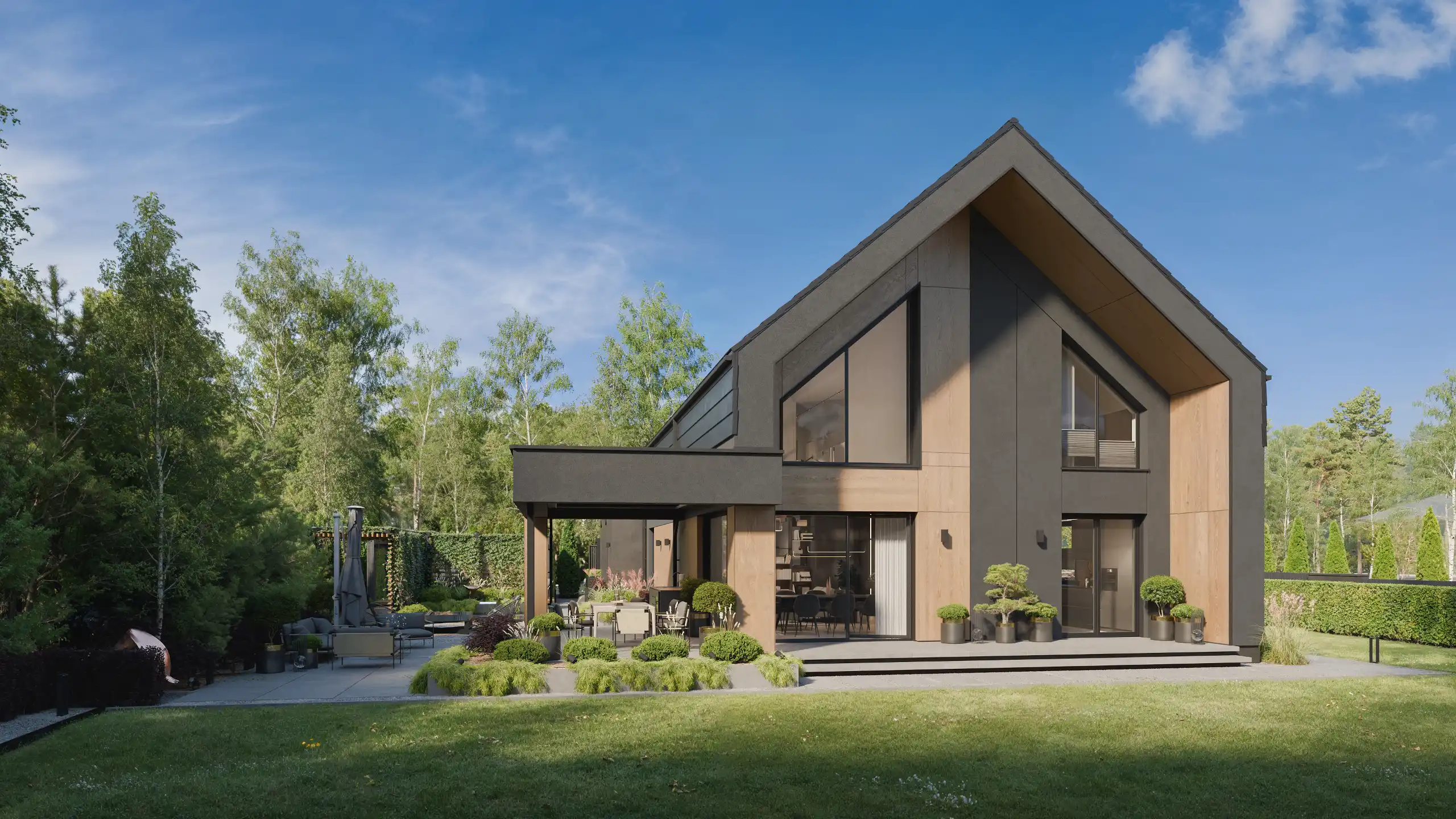 Nowoczesny dom jednorodzinny typu modern barn w dzień. Fotorealistyczny projekt elewacji z płyt hpl, tynku silikonowego i betonu architektonicznego, luksusowy ogród z zadaszonym tarasem, strefą wypoczynkową i jadalnią outdoor – NAIMAD STUDIO.