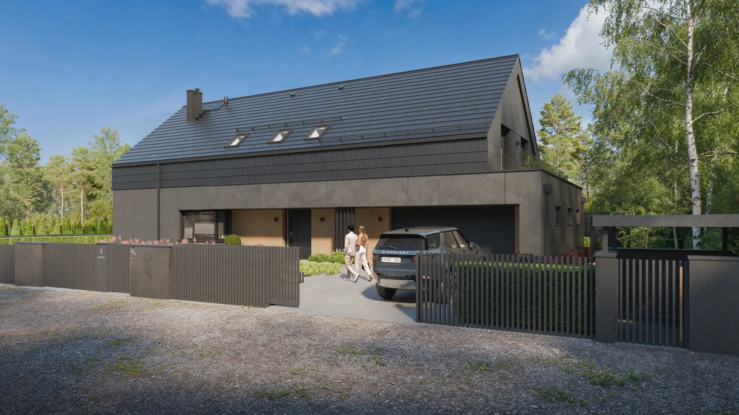Nowoczesny dom jednorodzinny modern barn od frontu. Fotorealistyczny projekt ogrodzenia pionowego aluminiowego, minimalistyczna brama wjazdowa, zagospodarowanie podjazdu z widokiem na elewację i otoczenie budynku – NAIMAD STUDIO.