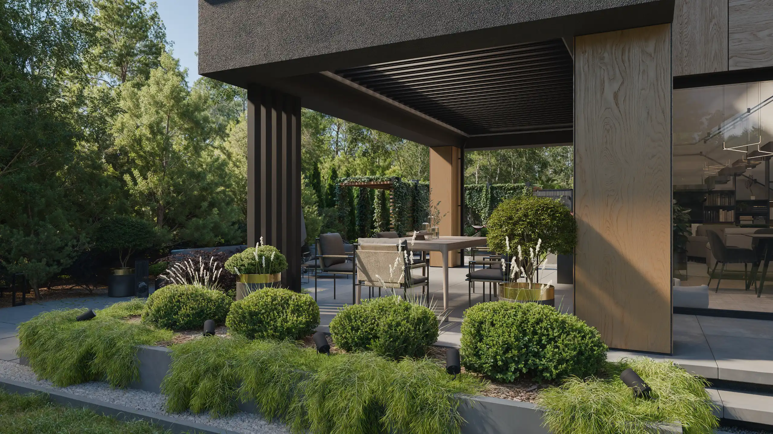 Nowoczesny taras z jadalnią outdoor pod zadaszeniem lamelowym. Luksusowy salon ogrodowy z nowoczesnymi meblami, donicami i kompozycją roślin ozdobnych przy domu modern barn – NAIMAD STUDIO.