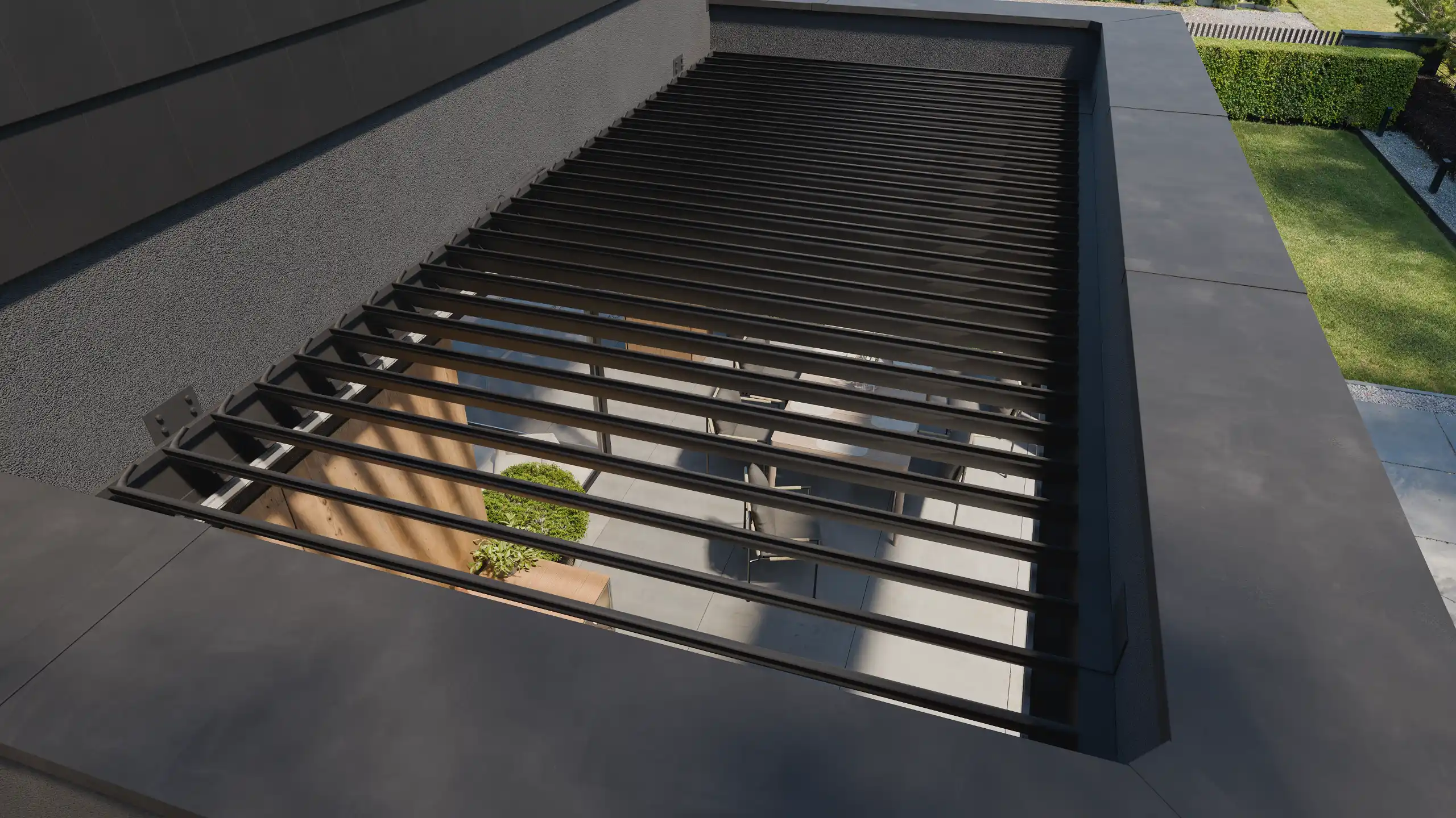 Automatyczne zadaszenie lamelowe tarasu z góry. Projekt klimatycznej pergoli z ruchomymi lamelami zintegrowanej z bryłą nowoczesnego domu modern barn – NAIMAD STUDIO.