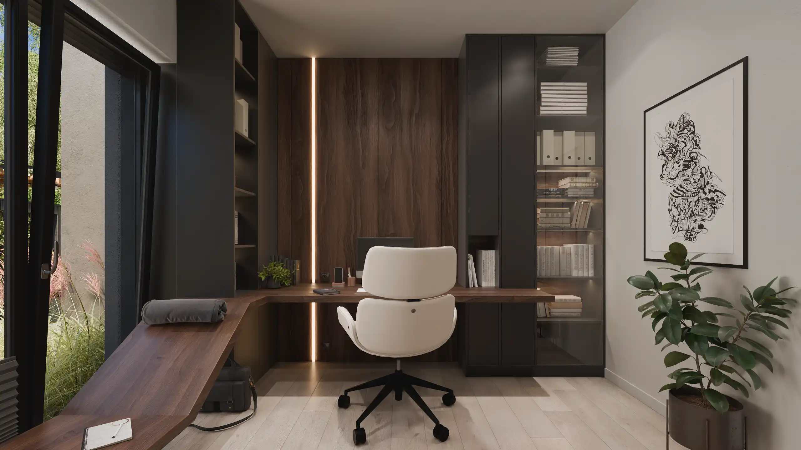Nowoczesny gabinet w domu z widokiem na ogród. Eleganckie biuro domowe z ciemną zabudową, drewnianym biurkiem, podświetleniem led i oknem tarasowym w domu modern barn – NAIMAD STUDIO.