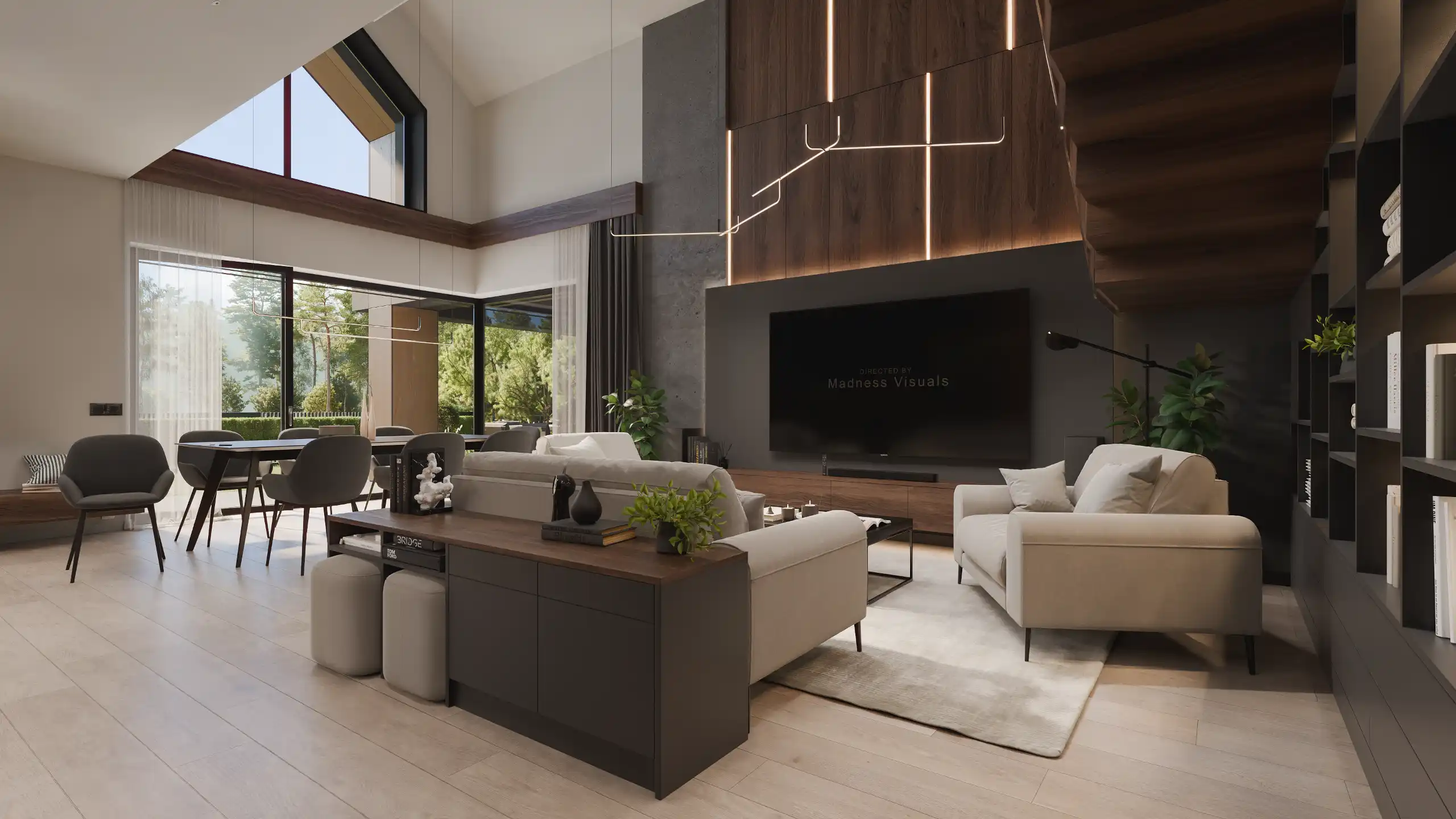 Panoramiczny widok na salon z jadalnią i oknami tarasowymi. Nowoczesna strefa dzienna z telewizorem, drewnianym panelem ściennym led, sofami i widokiem na ogród w domu modern barn – NAIMAD STUDIO.