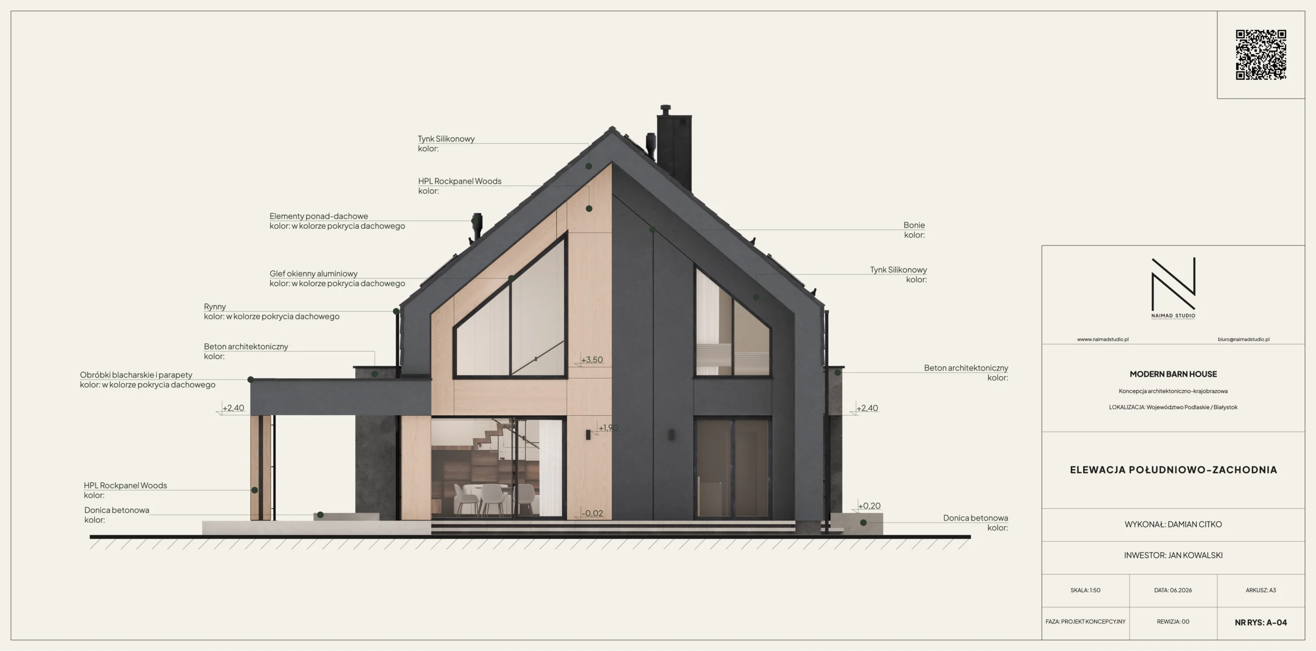 Rysunek techniczny elewacji południowo-zachodniej domu modern barn. Karta technologiczno-materiałowa z oznaczeniem tynku, płyt HPL Rockpanel Woods i betonu architektonicznego z metryczką – NAIMAD STUDIO.