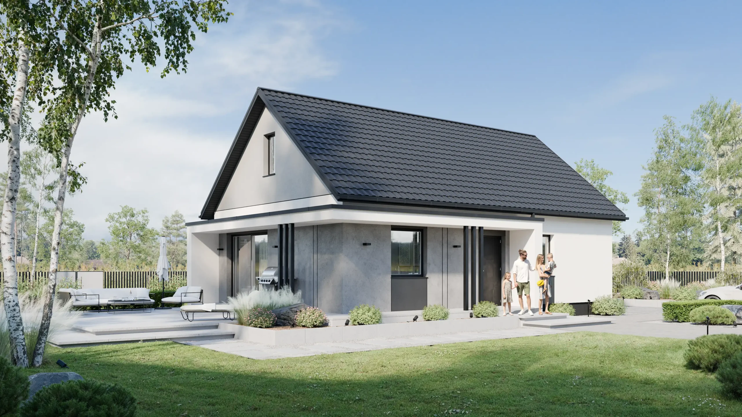 Cyfrowe odzwierciedlenie nowoczesnego domu jednorodzinnego o białej elewacji z betonem dekoracyjnym, ukazujące precyzyjną geometrię dachu dwuspadowego z dachówką, zaaranżowaną strefę wypoczynkową na tarasie oraz przydomowy ogród.